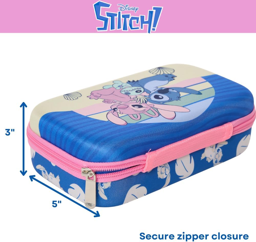 Innovative Designs Disney Stitch Pencil Case Set with Stickers and Gel Pens for Kids, Molded with Zip Closure, Purple