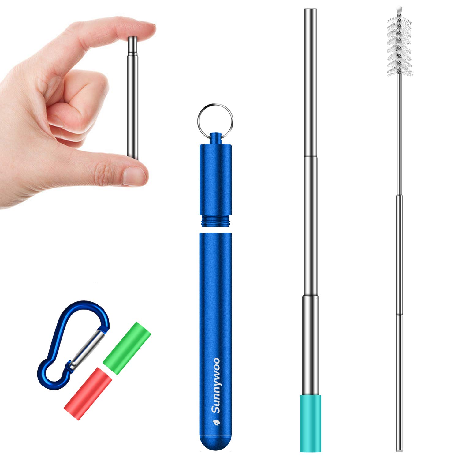SunnywooCollapsible Reusable Straws,Portable Stainless Steel Metal Drinking Foldable Straw with Travel Case & Cleaning Brush & Keychain & Silicon Tips for Adults and Kids
