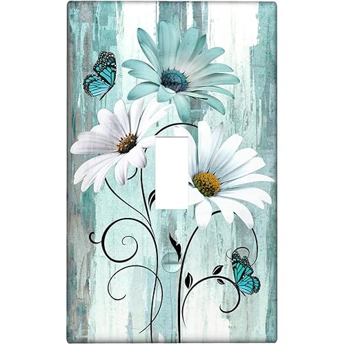 Rustic Farmhouse Light Switch Plate Cover Single Gang Toggle Decorative Teal Eletrical Outlet Covers Turquoise White Flowers Switch Plate Cover for Home & Kitchen