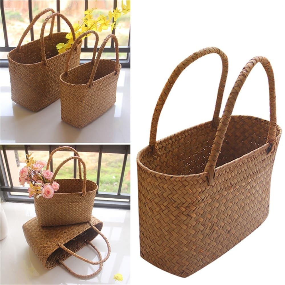 Panier de rangement tissé aux algues jonc de mer naturel vêtements faits à la main panier à linge paille osier rangement rotin pot de fleurs sac de plage (34x14x21cm)