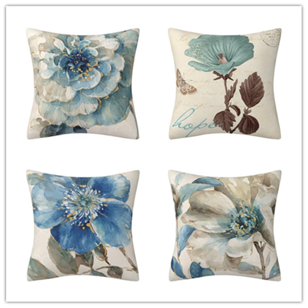 Cushion Covers Blue Brown Beige Cushions with Covers Included Cotton and Linen Pillow Cases Invisible Zipper Pillowcase Living Room Cushion Cover Bedroom Pillow Cases 4 Pack 50x50cm