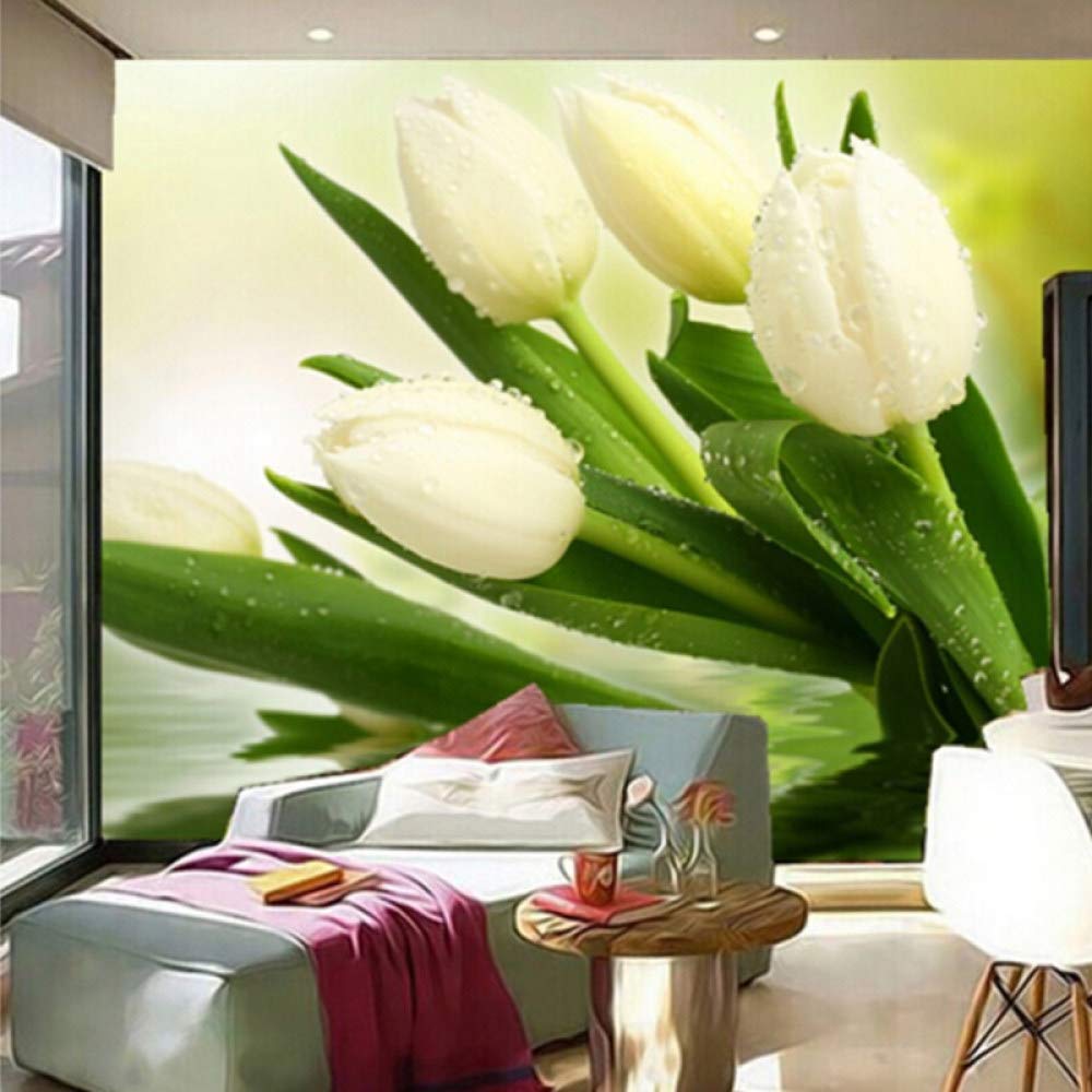 Stickers Muraux,4D Papier Peint DIY Grande Tulipe Blanche Moderne Murale pour Salon Chambre, Tatouages Muraux Imperméables Décor À La Maison TV Canapé Fond Café Chambre