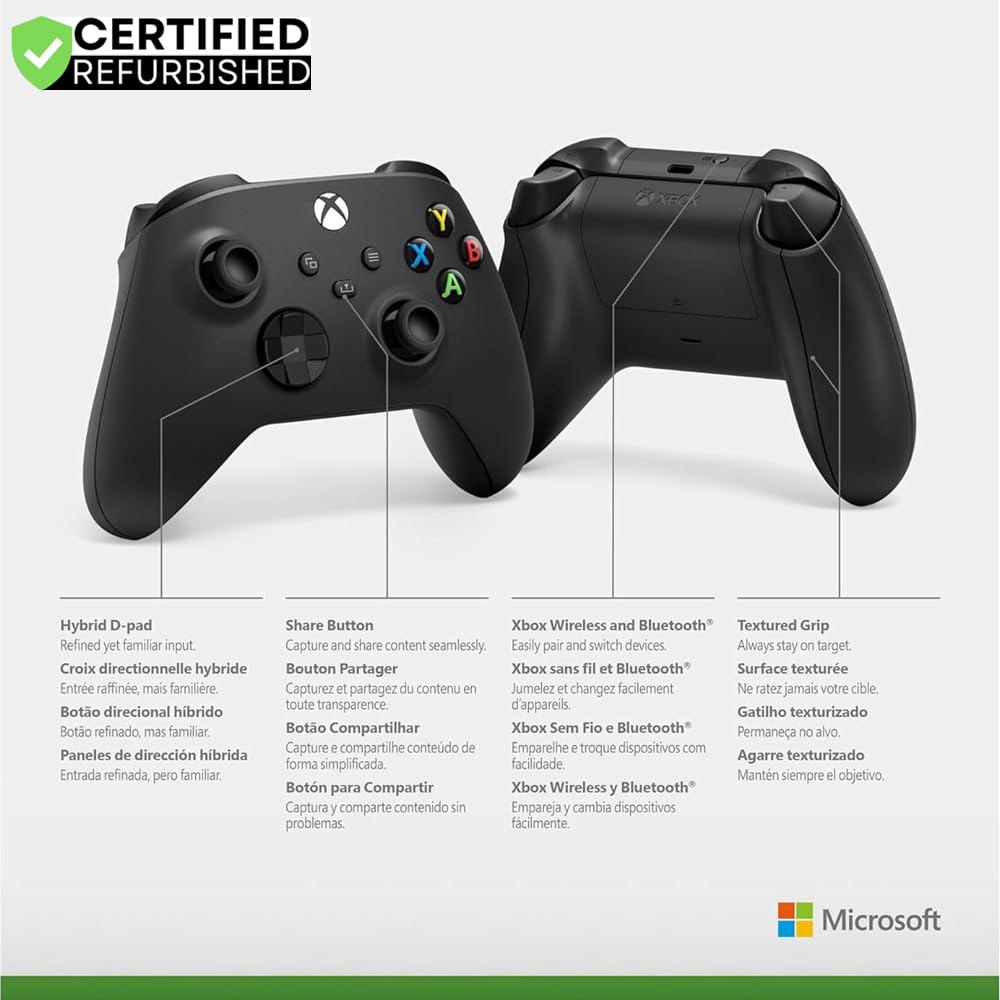 Microsoft (Refurbished QAT-00007 Xbox Wireless Bluetooth Controller with USB Carbon Black (Renewed)