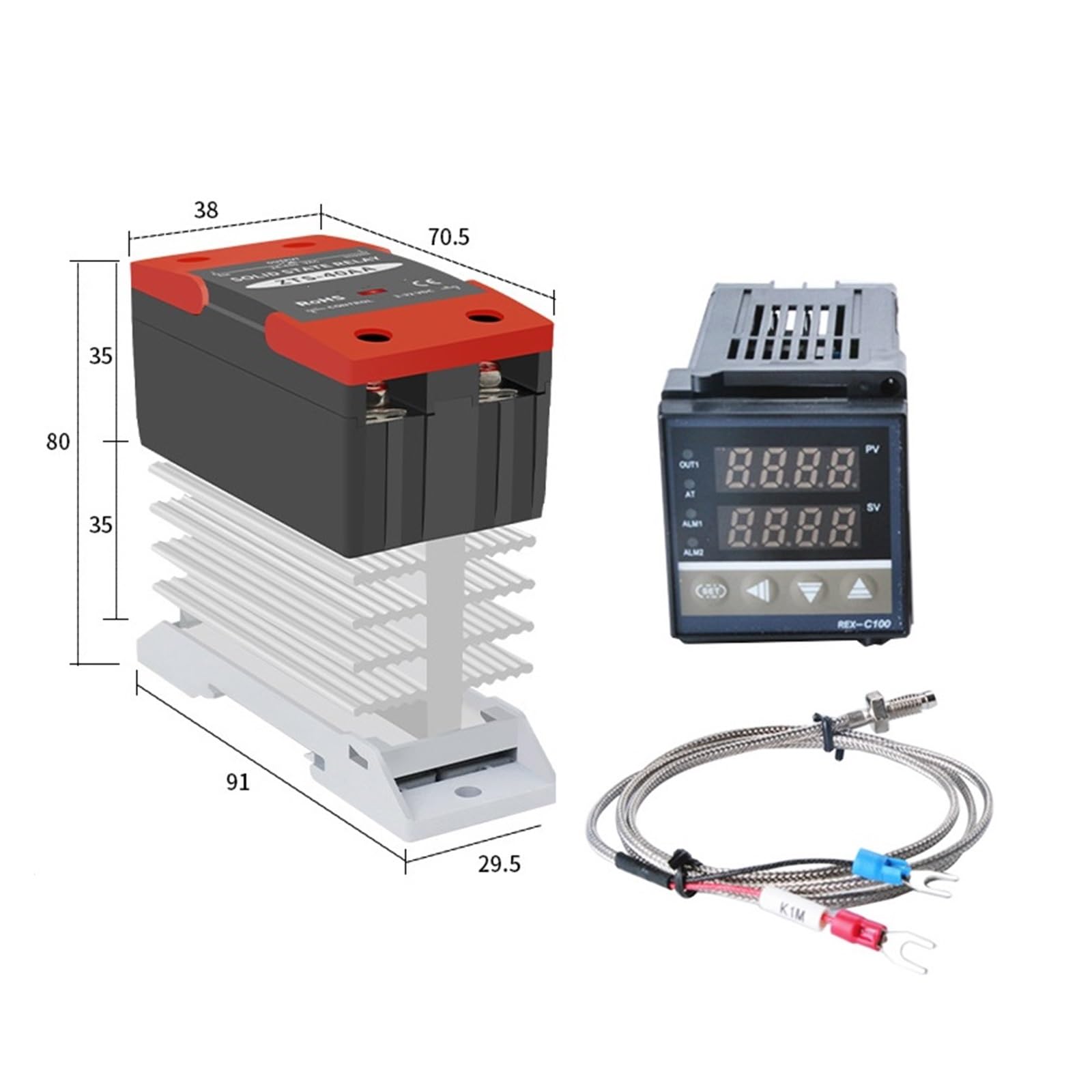 temperaturregler 1SETS REX C100 Thermostat + 40DA SSR Relais + K Thermoelement 1m Sonde RKC Digital PID Temperatur Controller REX-C100(Relay outpu only)