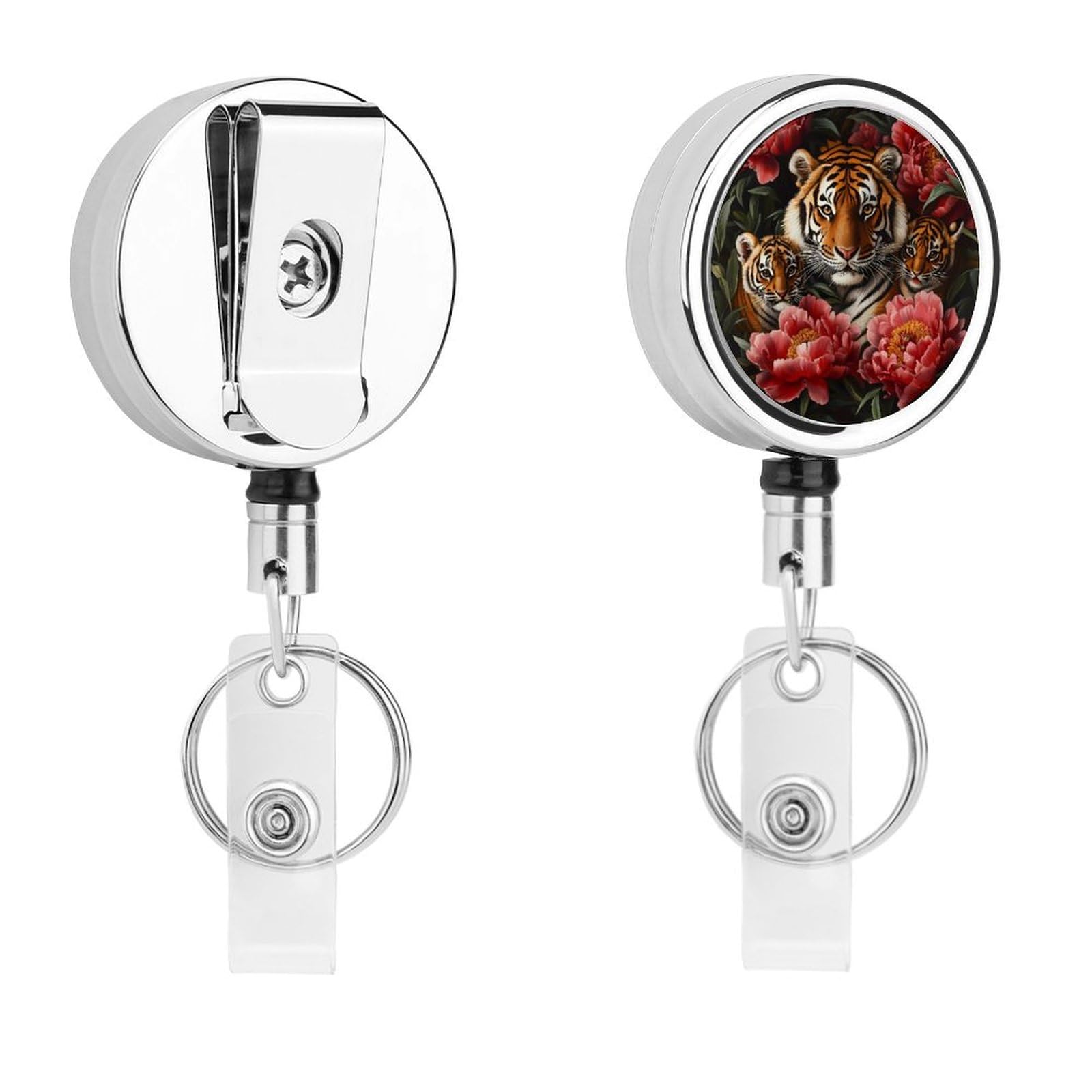 Tiger Mom with Flower Retractable Badge Holder Metal ID Name Holder Key Ring with Belt Clip