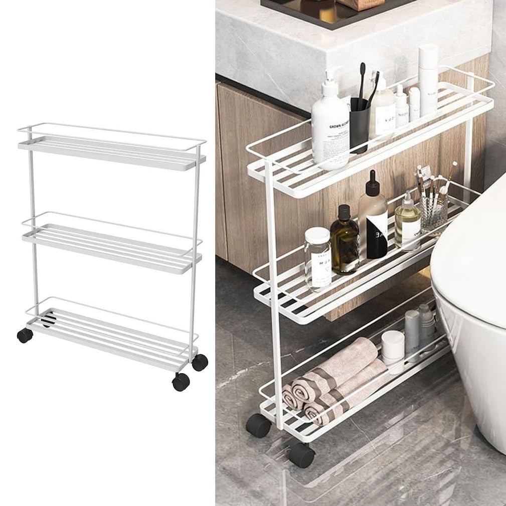 3 Tier Mobile Storage Shelf, Metal Rolling Cart with Lockable Wheels