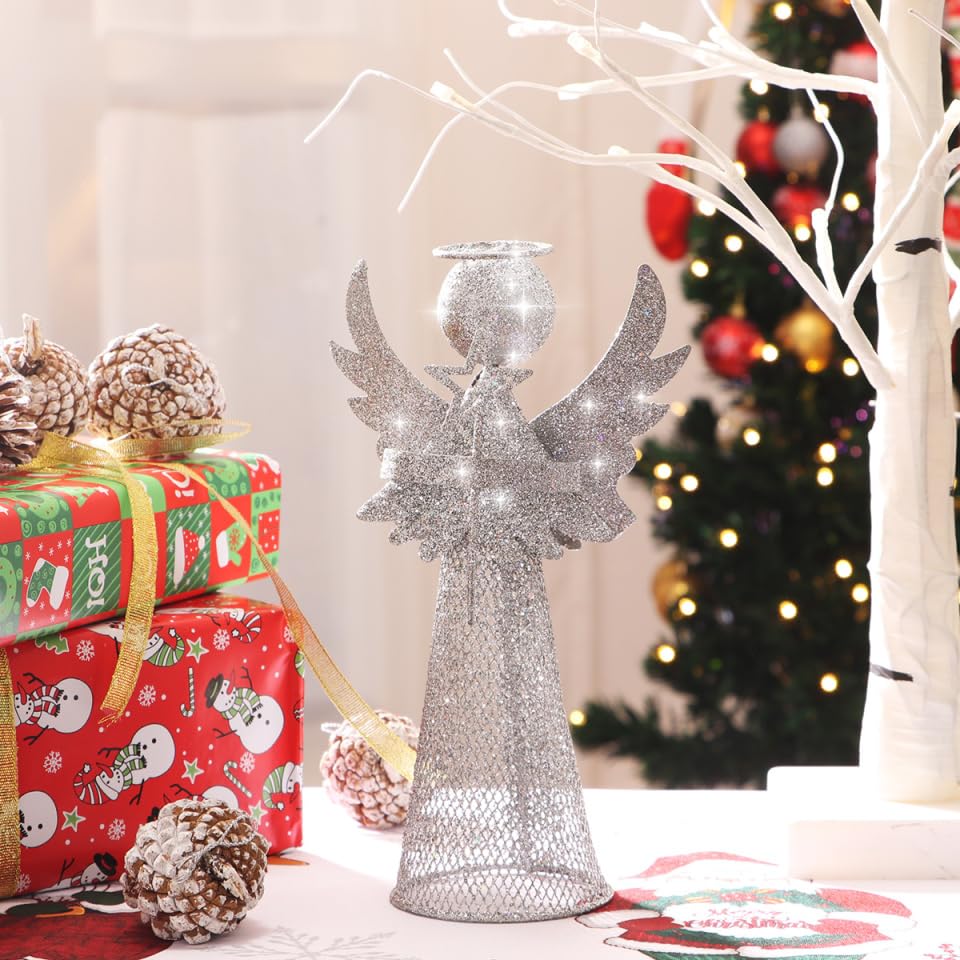 Exquisito ángel para árbol de Navidad plateado con acabado brillante de alta gama 4