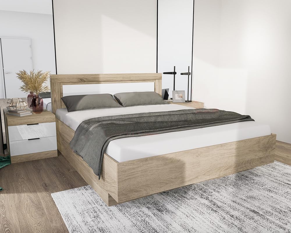 Letto Matrimoniale Contenitore Rovere Chiaro e Bianco Liscio 2 Comodini con 2 Cassetti Inclusi Complemento D’Arredo Moderno LI22 (letto + rete)