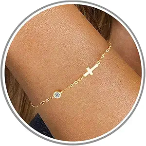 Cross Bracelet with Birthstone Dainty Gold Bracelets for Women Birthday Gift Christian Gifts for Her Religious Faith Baptism Confirmation Gifts for Teen Girls Christmas Jewelry for Sister Daughter Granddaughter Girlfriend