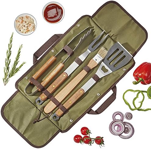 Blaze Box Barbecue Tool Set Cooking Grilling Utensils Stainless Steel and Solid Wood with Carry Bag 5 Pieces