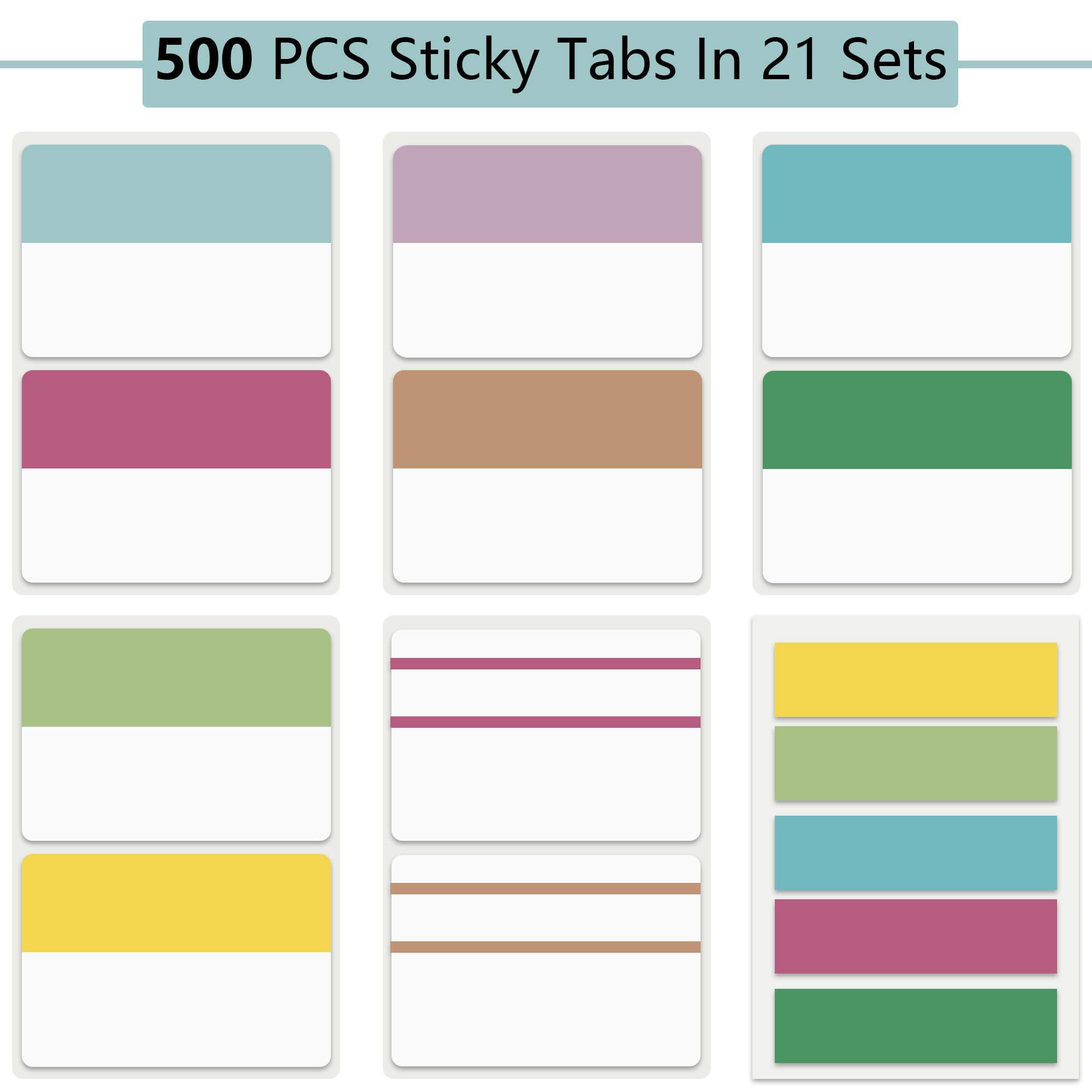 ELII 500 Stück Haftindex-Tabs, 21 Sets, bunte Buchreiter für Notizbücher, Seitenreiter für Ordner, Seitenmarkierungen, Notizbuch-Tabs