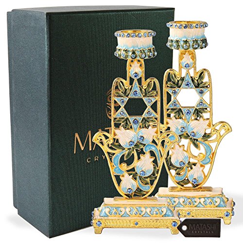 Matashi MTCDL3274 Hand-Painted Blue And Ivory Hamsa Design Shabbat Candlesticks Candle Holder thumb #2