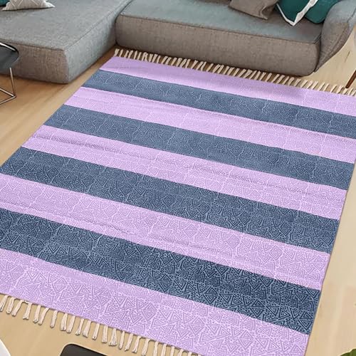 Tapis carré 1,8m coton bleu violet lavable intérieur et extérieur à tissage plat
