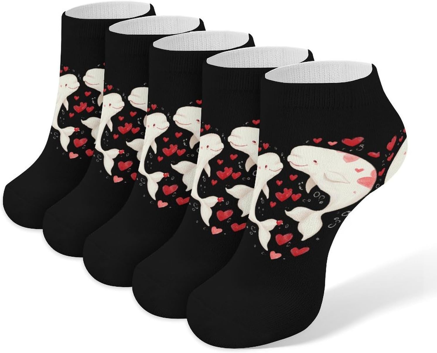 Beluga Whales Love Heart Socks for Men Women 5 Pairs Ankle Socks