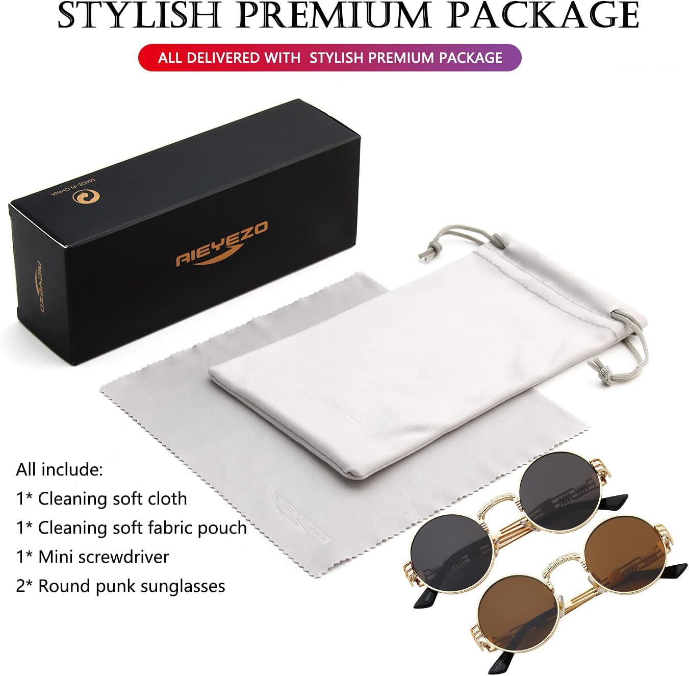 AIEYEZO Round Steampunk Sunglasses for Men Women Retro Circle Hippie Glasses Metal Frame 100% UV Blocking Lens