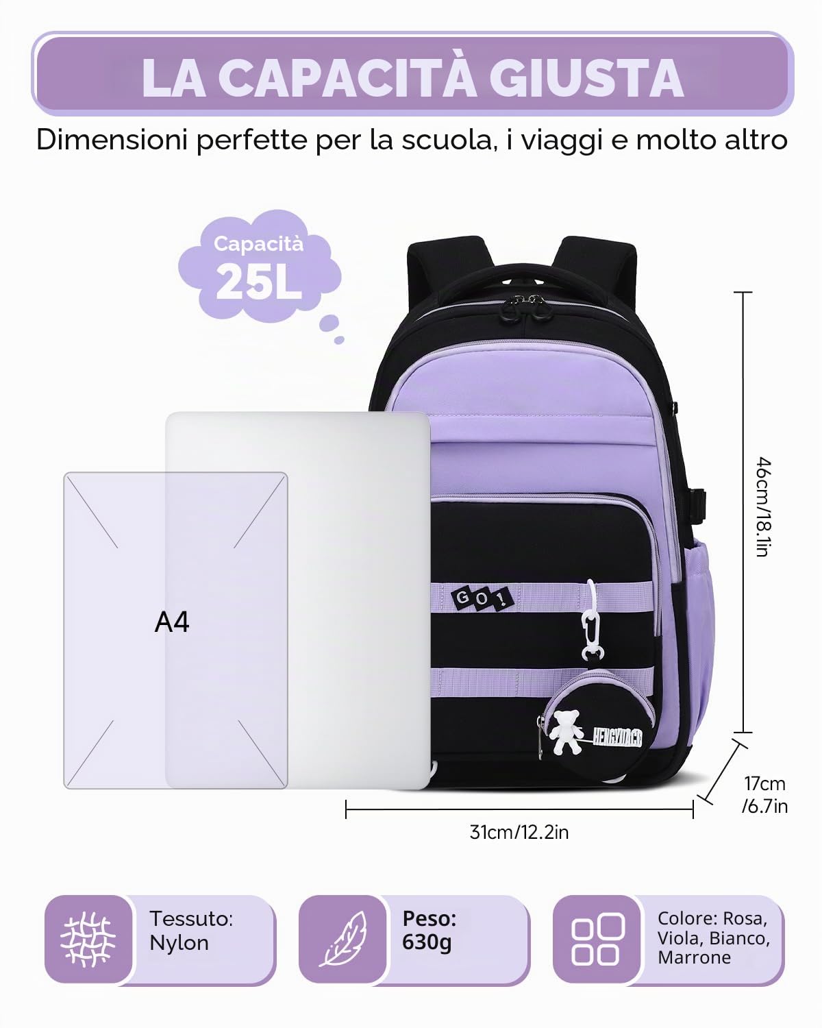Amythe Zaino Ragazze - Zaino Scuola per Adolescenti Impermeabile per Laptop 15.6" - Cartella Casual per Scuola Elementare Media Superiore 10-18 Anni - Adatto per Carrello -Viola