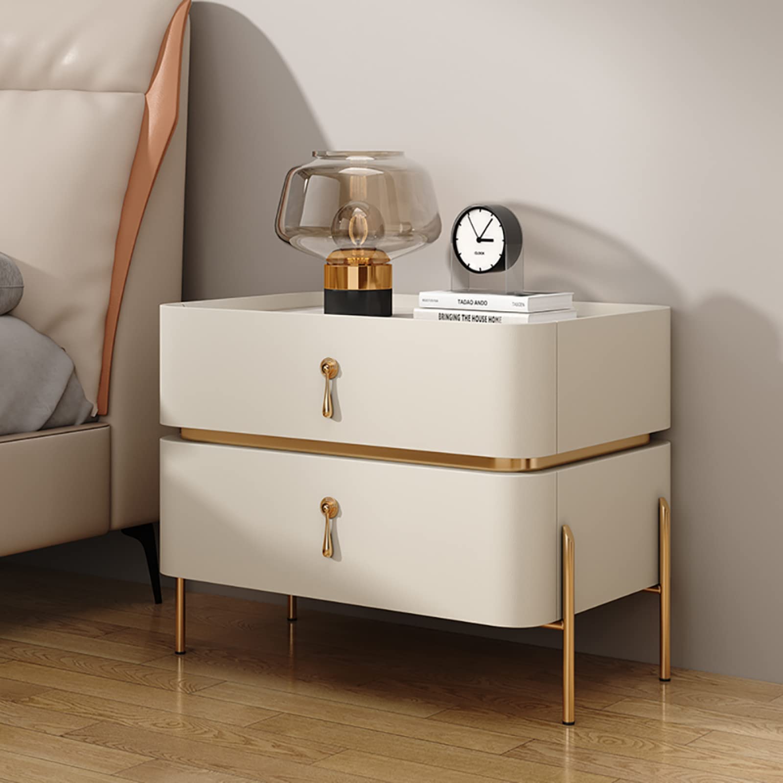 Mesita de noche moderna de mediados de siglo, elegante mesita de noche con patas de metal y 2 cajones, decoración contemporánea para el hogar para dormitorio y sala de estar, 50 x 40 x 50 cm