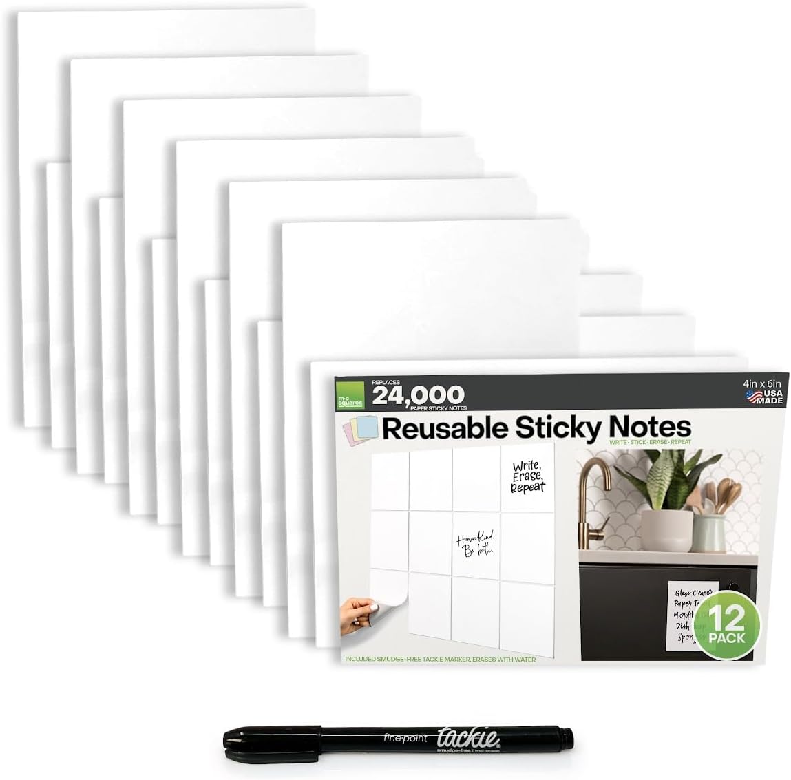 Dry Erase Reusable Sticky Notes | 4x6 12-Pack | 2-Year Re-Stickable & Erasable Post Notes | Smudge-Free Tackie Marker | Made in the USA by M.C. Squares