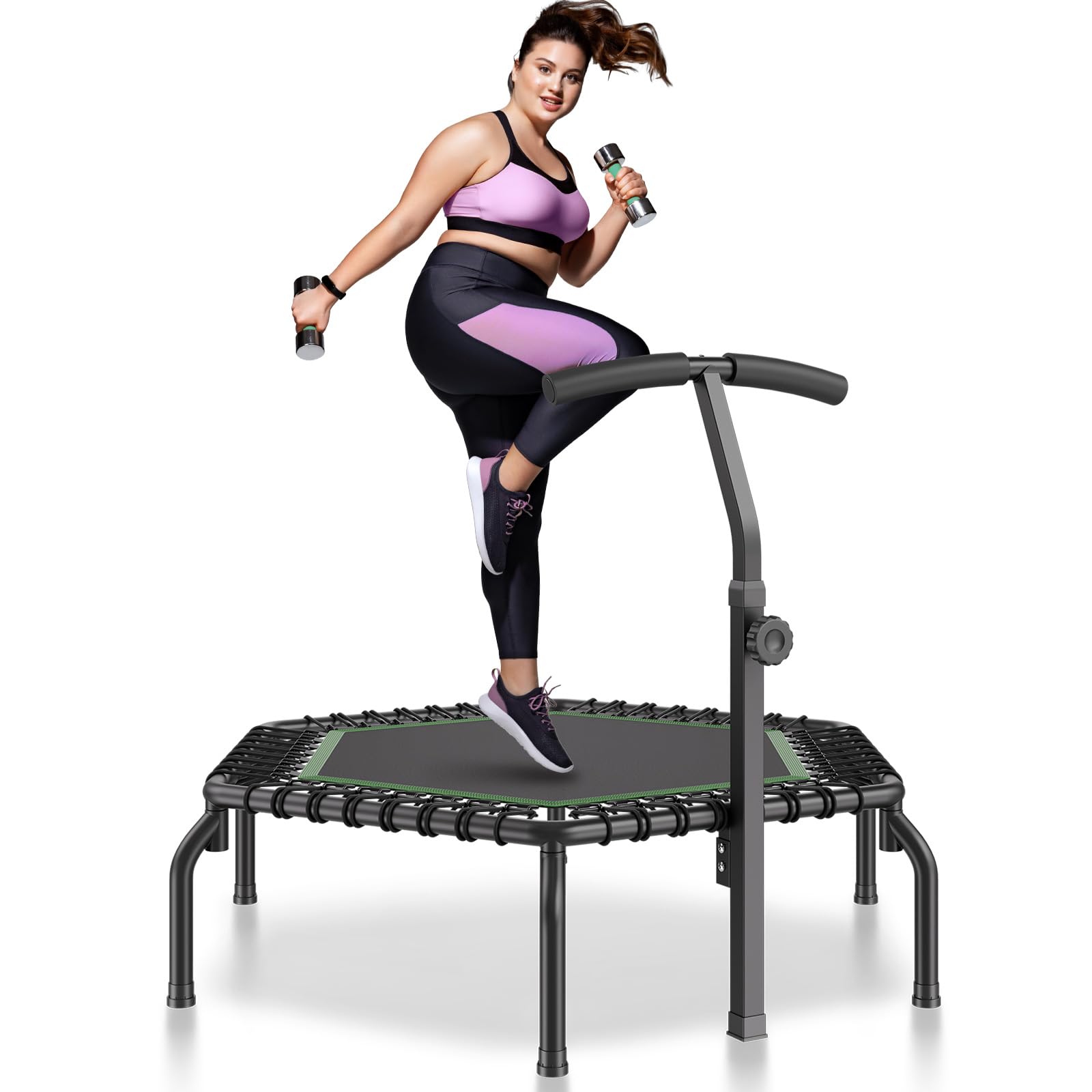 VEVOR Mini Trampolín de Ejercicio, Carga 205 kg, Trampolín Pequeño Estable y Silencioso con Mango de Espuma de Altura Ajustable en 3 Niveles, para Entrenamiento en Interiores/Jardín, 1385 x 1240 mm