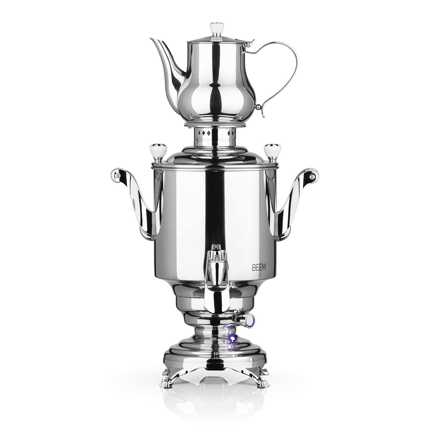 BEEM ROMANOV + Samowar - 5 l | Edelstahl | Türkischer Teekocher elektrisch | 1800 W| 1,3 l Edelstahl-Teekanne mit Sieb | 5 l Wasserkocher | NEU: Dispenser mit Einhand-Bedienung, 07344