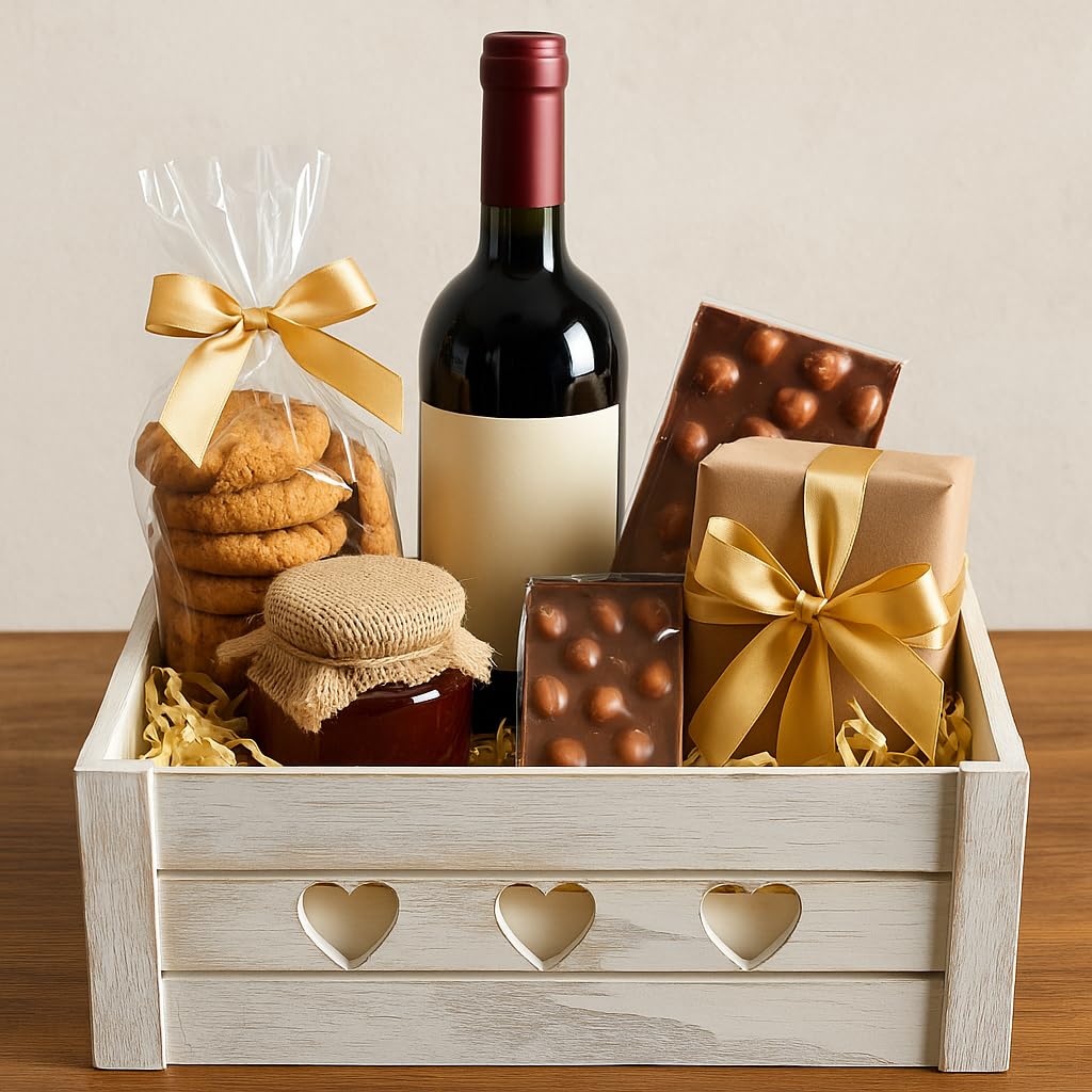 khevga Wooden Hamper Box with Heart Design โ Empty Gift Hamper Basket 30 x 20 x 12 cm โ Decorative Storage Box Whitewashed โ Vintage Wooden Storage Crate