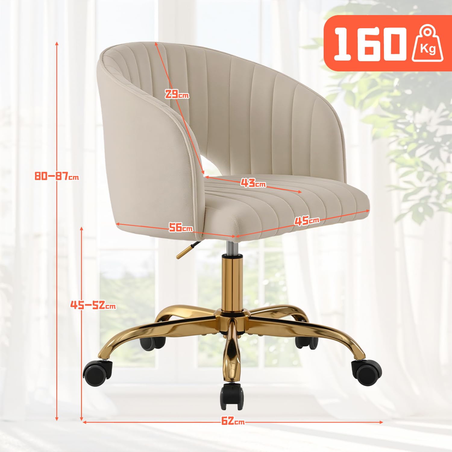 Homeoffice Stuhl, Drehbar Bürostuhl Ergonomisch, Schreibtischstuhl Höhenverstellbar, Schminktisch Stuhl, Samt Drehstuhl Hochlehner, für Arbeitszimmer, Schlafzimmer(Cremefarben-Samt)