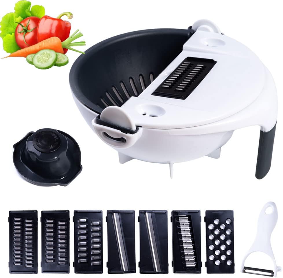 New 11 in 1 Multifunction Magic Rotate Vegetable Cutter with Drain Basket Large Capacity Vegetables Chopper Veggie Shredder Grater Portable Slicer Kitchen Tool with 8 Dicing Blades (white)