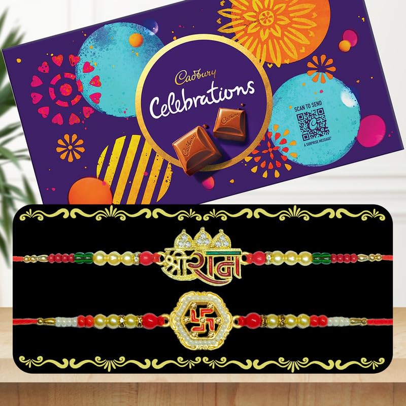Image of Canton Rakhi Combo Gift Hamper Pack of 2 Rakhi For Brother With Chocolate, Rakhi With Cadbury, Greeting Card & Roli Tilak (Design-16, 2 Rakhi With Celebration)