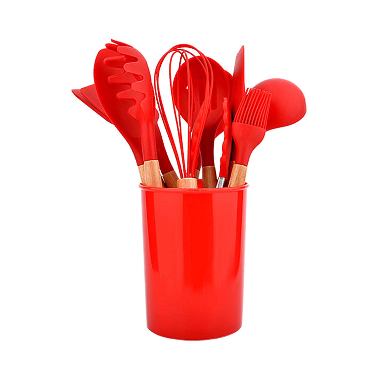 12-teiliges Küchenhelfer-Set aus Silikon mit Holzgriff, Antihaft-Backutensilien, rotes Küchenhelfer-Set mit Aufbewahrungseimer, perfekt zum Kochen & Backen