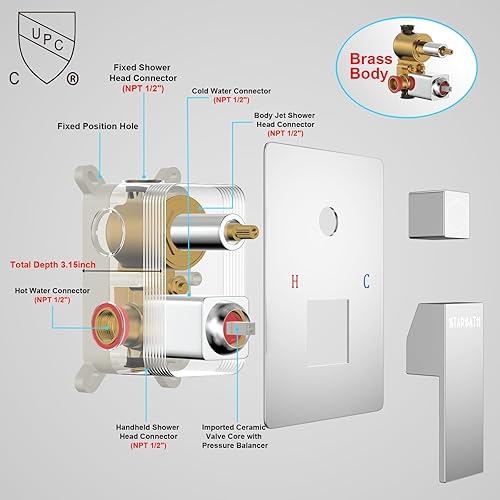 Miniatura 6 de Multi Head Shower System with 6 Body Jets, STARBATH Shower Jets System in Wall 12 Inch Rain Shower and Handheld Spray Brass Shower Faucet Set Full