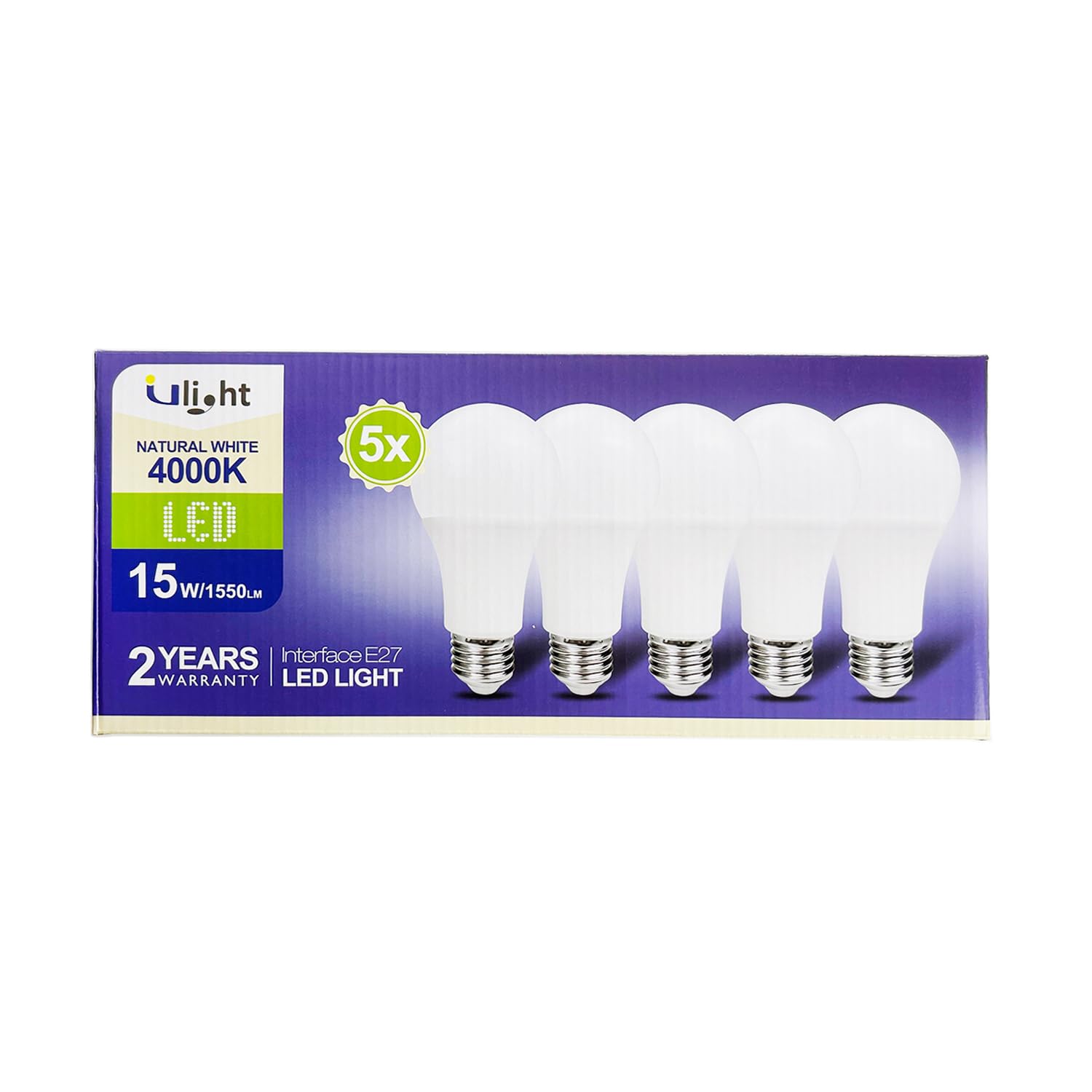ULIGHT Lampadina LED A65 a Goccia da 15W, Equivalente Incandescente da 120W, Luce Bianca Naturale 4000K, 1550lm, Fascio Luce 170°, 220-240V Attacco E27, Confezione da 5