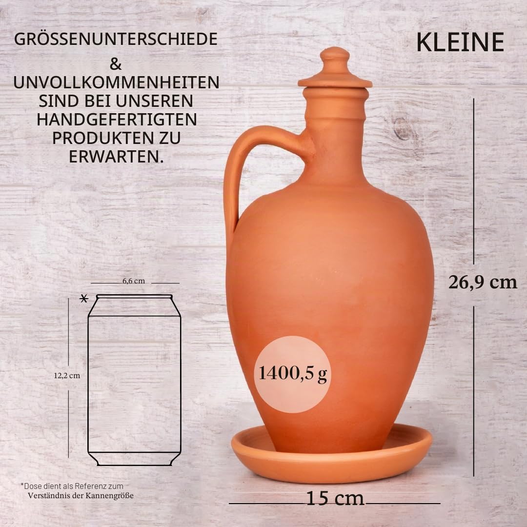 Hakan Anadolu Wasserkrug-Set aus natürlichem Ton | Unglasierte Terrakotta-Wasserkaraffe & Teller | Traditioneller kleiner Schlammkrug | Töpferkrug für Trinkwasser (Klein – 1,5 l)