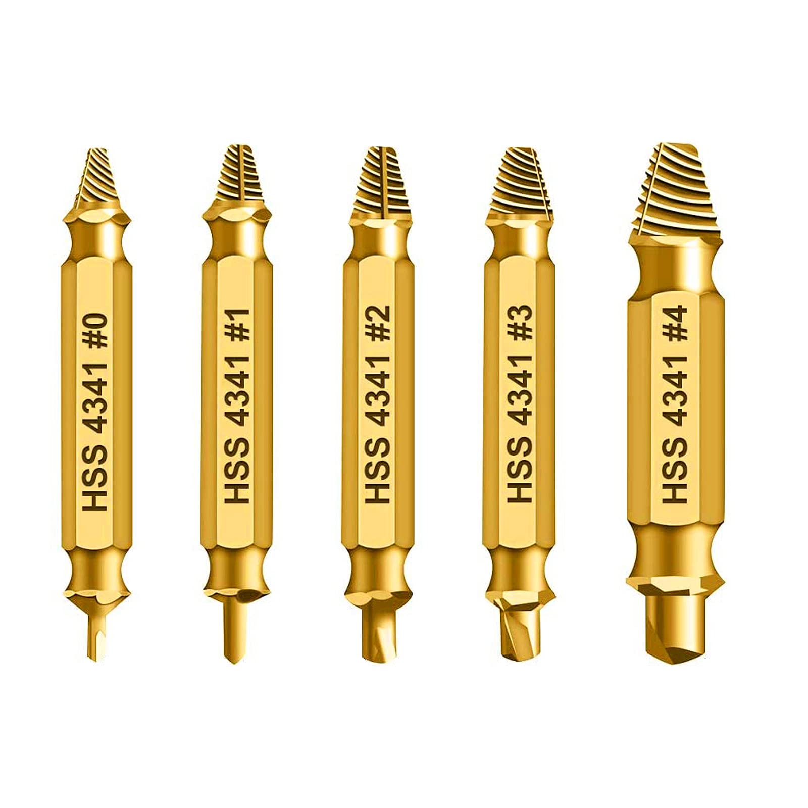 HSS 4341 Schraubenausdreher Set, 5-teilig, M3-M18, Beschädigte Schrauben Entferner, Linksdreher mit Sechskant-Schaft, für Akkuschrauber und Bohrmaschinen, Titannitrid-beschichtet, Goldfarben