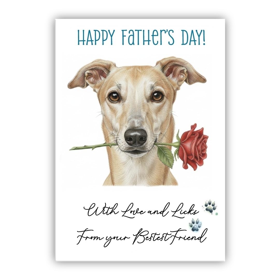 Father’s Day Card From the Dog – Cute Fathers Day Pet Card – “With Love and Licks” – Multiple Breeds Available (• Greyhound Dog)