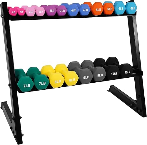 BalanceFrom Neoprene Coated Iron Dumbbell Hex Weights Set with Stand  Color-Coded or Black Options with Non-Slip Grip for Strength Training,
