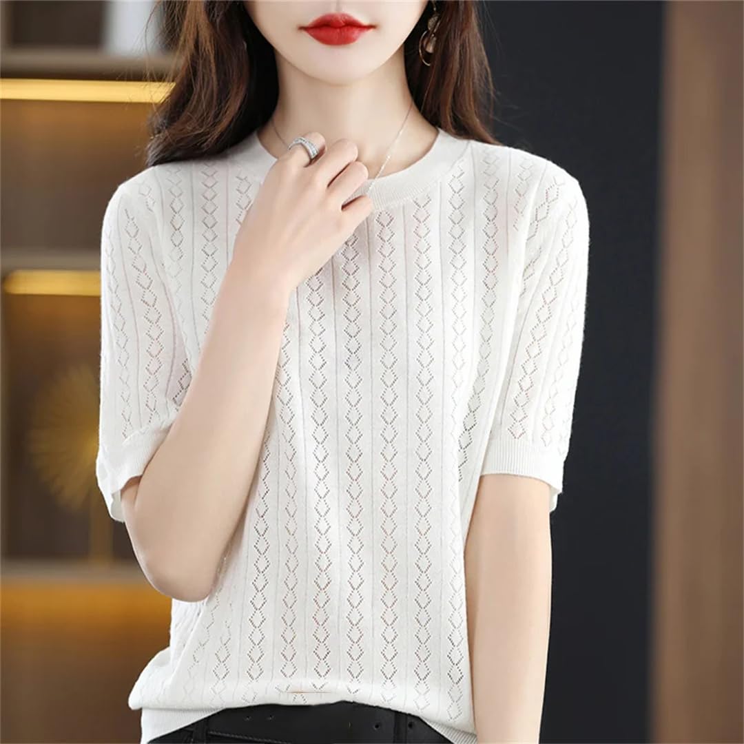 Maglietta estiva da donna, a maniche corte, casual, tinta unita, traforata, con scollo rotondo