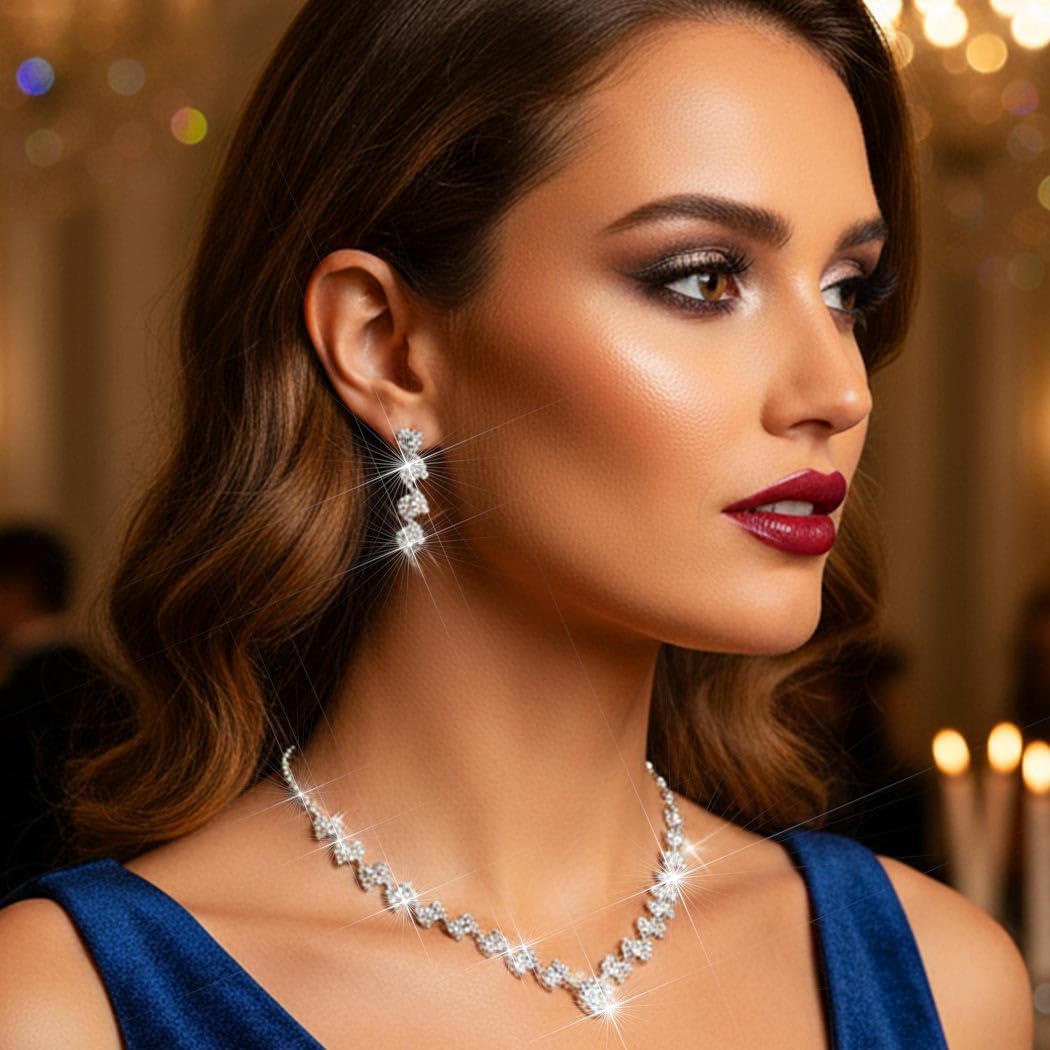Aukmla Rhinestone Bridal Wedding Jewelry Set Sparly Crystal Bride Necklace Earring Sets Prom Jewelry for Women - Image 3