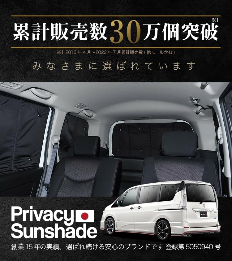 セレナ C26N26系専用設計 日本製 防水・遮光プライバシーサンシェード セレナC26N26系の車中泊ならカーテンいらずプライバシー
