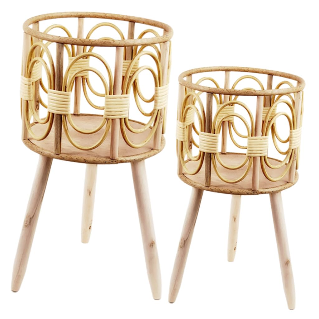 Abaodam Cesto Intrecciato per Piante e Fiori, Supporto in Legno Gambe, Struttura Stabile, 2 Pezzi per Balcone e Patio