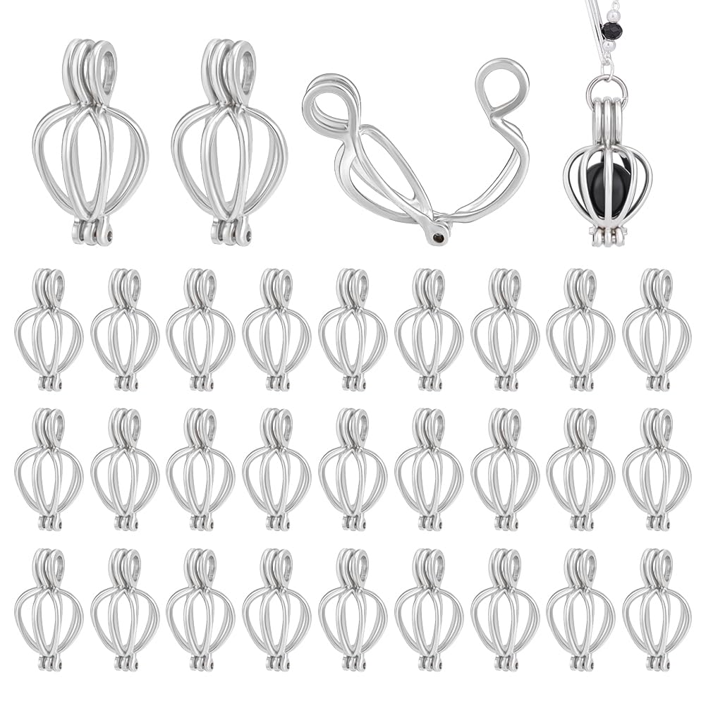 PH PandaHall 30pcs Pearl Cage Locket Pendants, Platinum Pearl Cage Charm Brass Hollow Beads Holder Openable Stone Holder Cage Pendants for Necklace Earrings Jewellery Making Craft, for Beads Below 9mm
