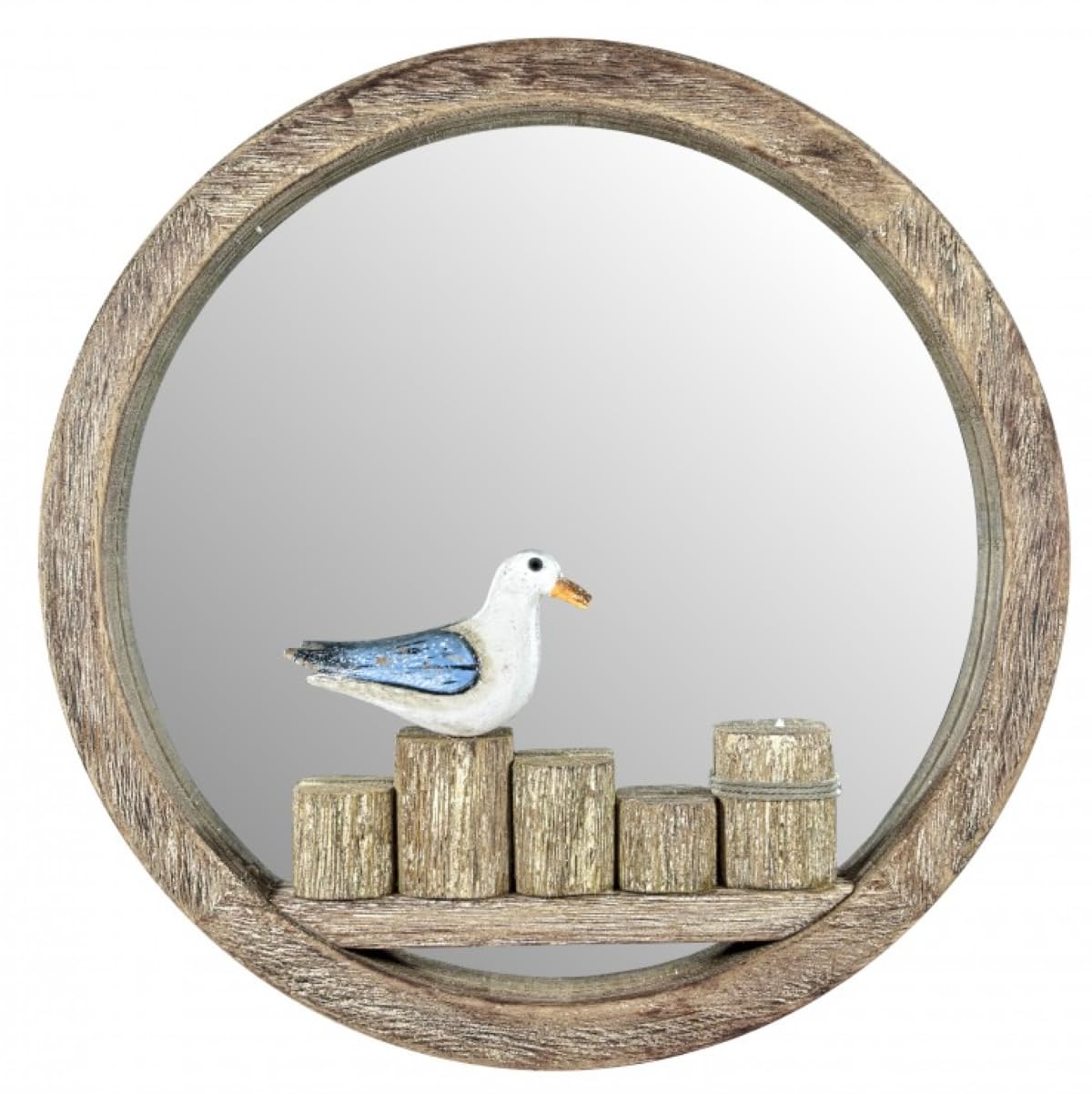 Gifts from Handpicked Rustic Wooden Seagull Wall Mirror – Coastal Nautical Round Hanging Mirror with Distressed Wood Frame for Bathroom, Hallway, Living Room & Beach Hut Décor