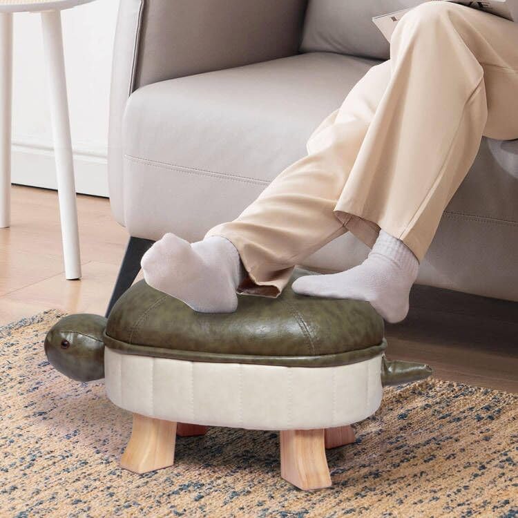 Animal Footstool with Wood Legs Pouf Stool Rest, Turtle PU Leather Upholstered Ottoman for Living Room Bedroom, Outdoor Sofa Seat Chair Stool, Sofa Stools Green (Small)