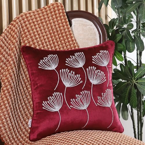 Image of Home - The Best is for You Luxurious Burgundy Velvet Cushion Covers with Embroidered Abstract Dandelion Design - Pack of 2, 16x16 Inch