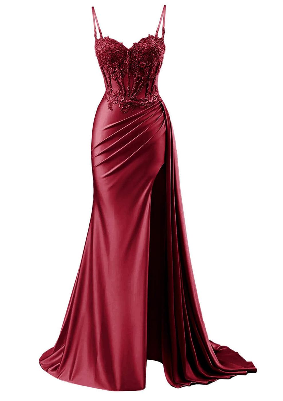 KIYNE Satin Burgundy Prom Dresses with Lace Applique Side Slit Spaghetti Strap Graduation Party Gown Wedding Dress UK8