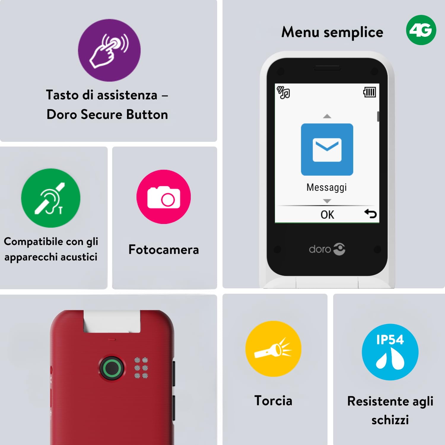 Doro Leva E22, Cellulare per Anziani 4G a Conchiglia, Schermo Grande 2.8", Tasti Grandi, Audio Chiaro, Fotocamera, Tasto SOS, Nero/Bianco