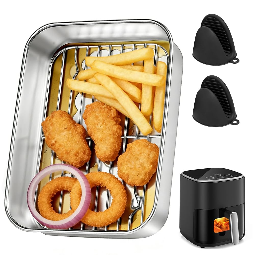 Pirofila in acciaio inox per Airfryer – con griglia di sgocciolamento, coperchio e maniglie, accessorio Airfryer per Ninja, Cosori, Philips, pirofila Airfryer, senza BPA e inodore