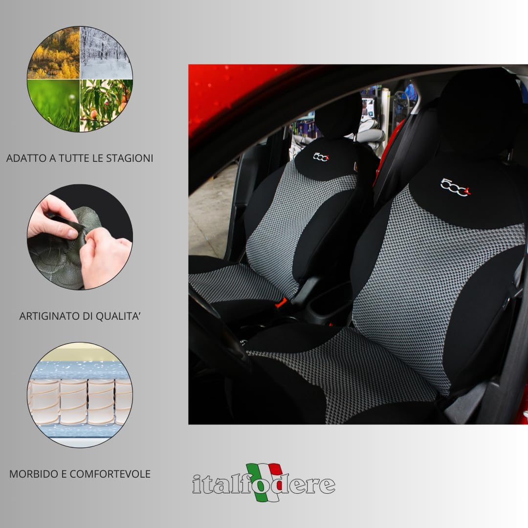 Italfodere - Paar Vordersitzbezüge kompatibel mit Fiat 500L - Gepaarte Baumwolle - Handgefertigt - Elegant und langlebig - Autozubehör - Schwarz 38 - Made in Italy