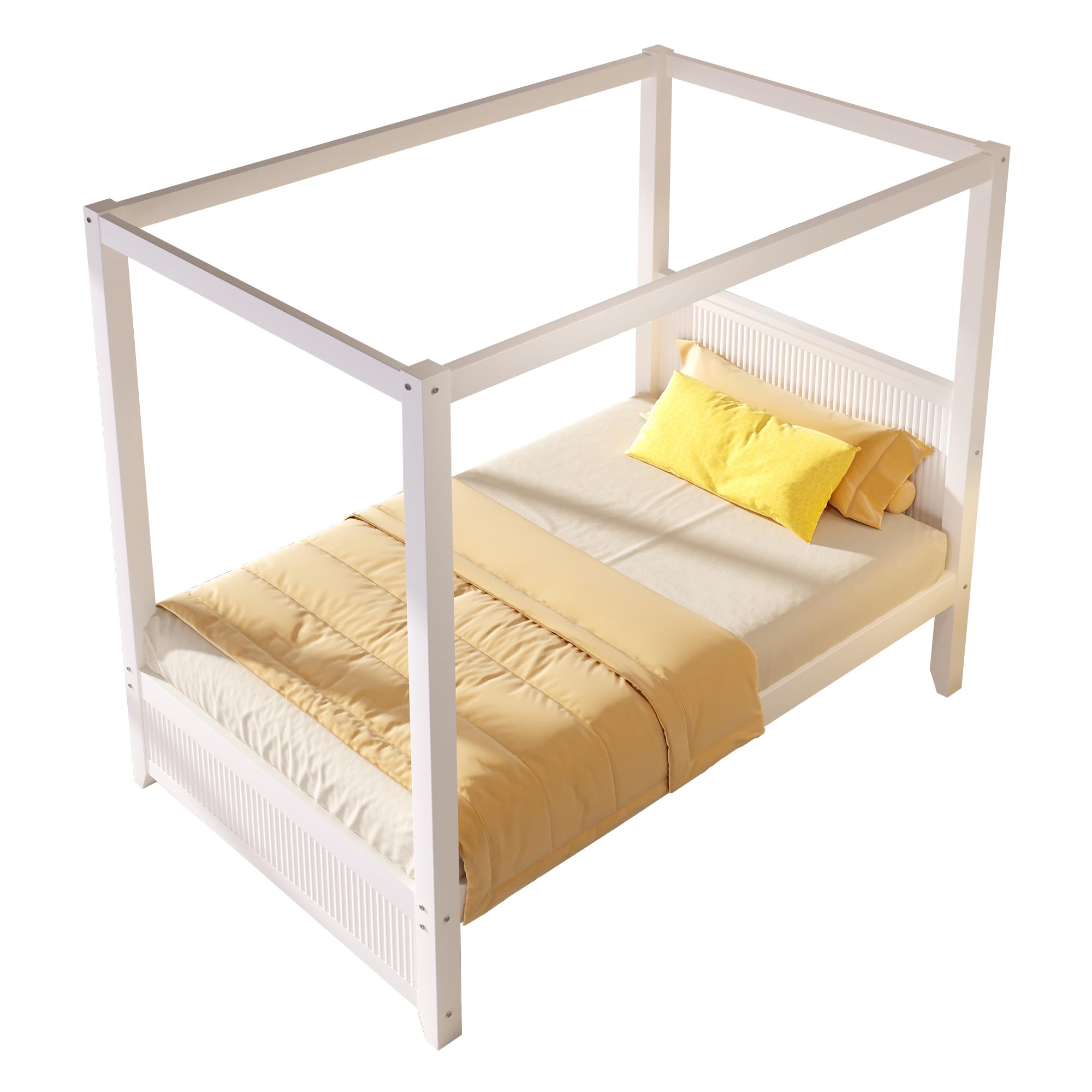 MURUL Himmelbett 90x200 cm Weiß, Massivholz Bett mit Dachrahmen & vertikalen Lamellen, Skandinavisches Design