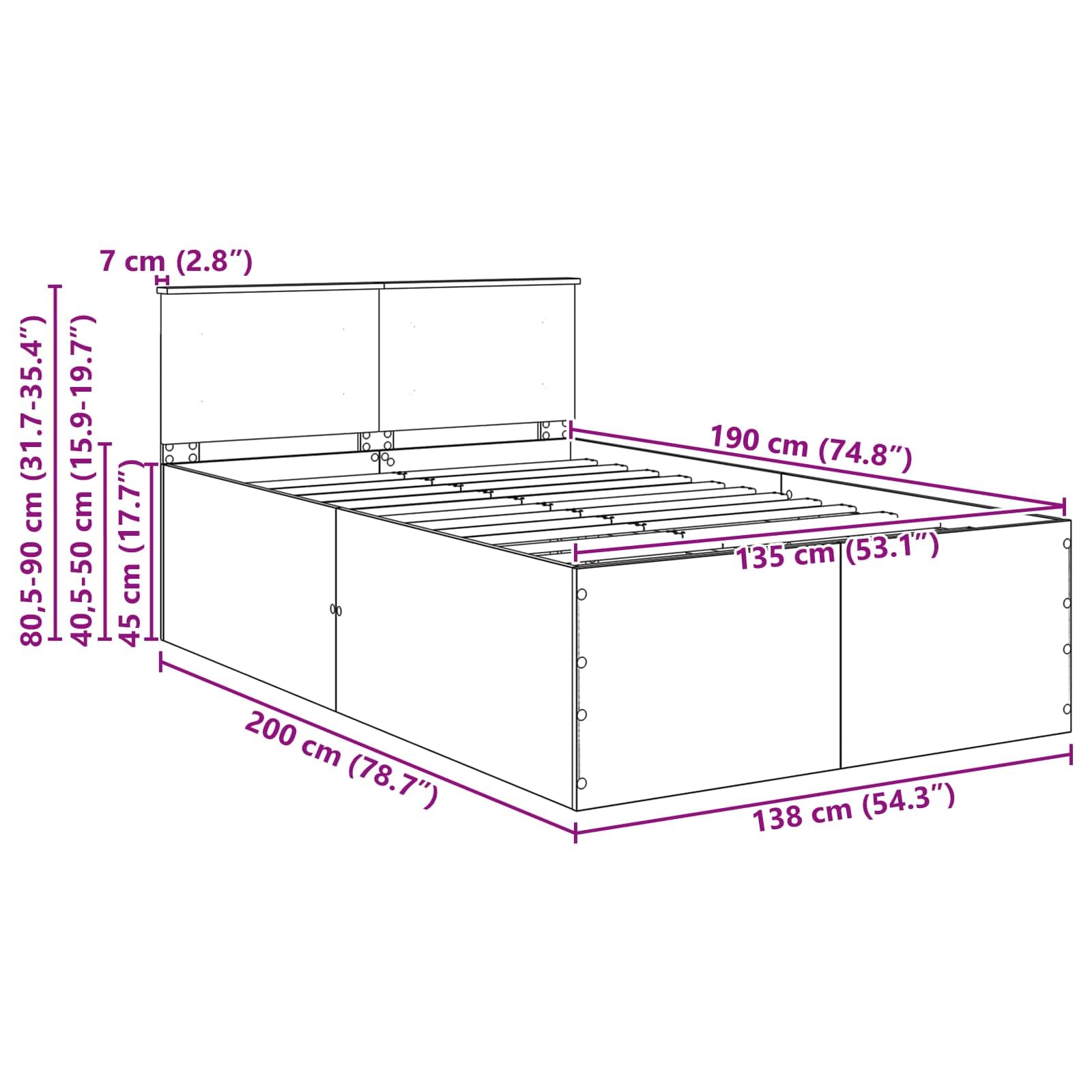 Estructura de Cama 135 x 190 cm de Madera de ingeniería con cabecero, somier de láminas Fijo, Base Resistente para colchón, Montaje en hogar y Dormitorio, y Descanso