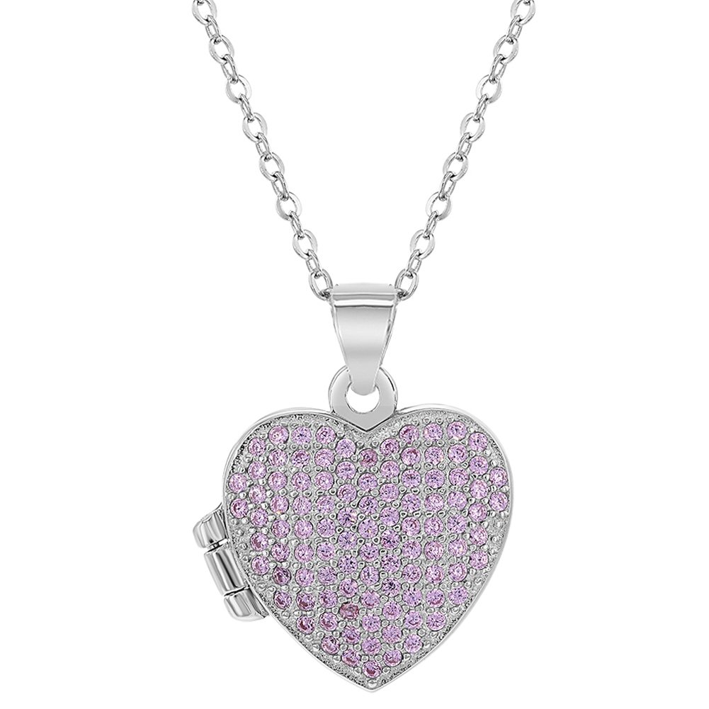 925 Sterling Silver 16" Personalized Pink Cubic Zirconia Heart Photo Locket Necklace - Shiny Heart Shape Pendant Locket Necklaces for Children & Preteens - Fashionable Pave Set CZ Jewelries for Girls